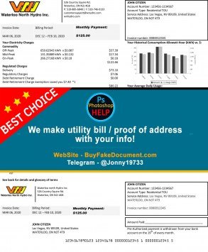 Nevada Waterloo North Hydro utility bill Sample Fake utility bill